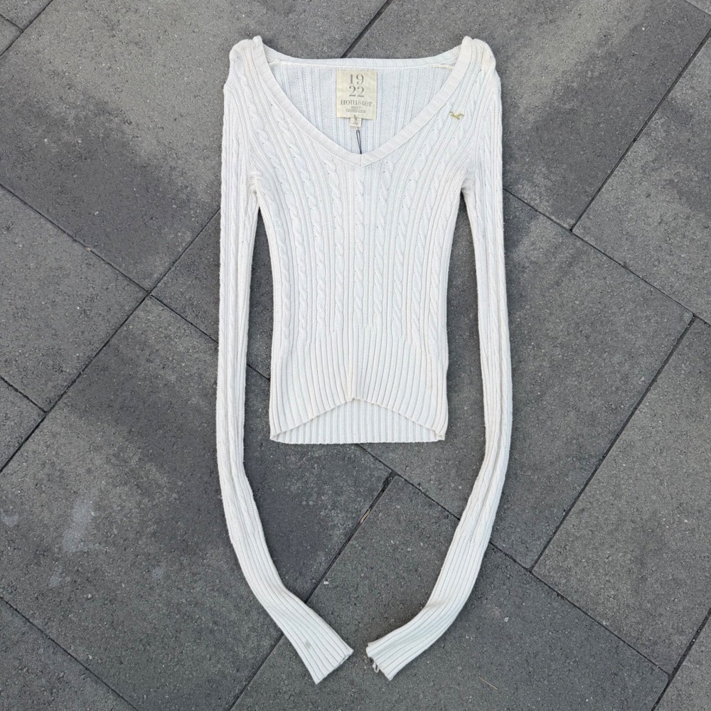 Hollister 1922 Cream Cable Knit V-Neck Sweater Long Sleeve White Size M